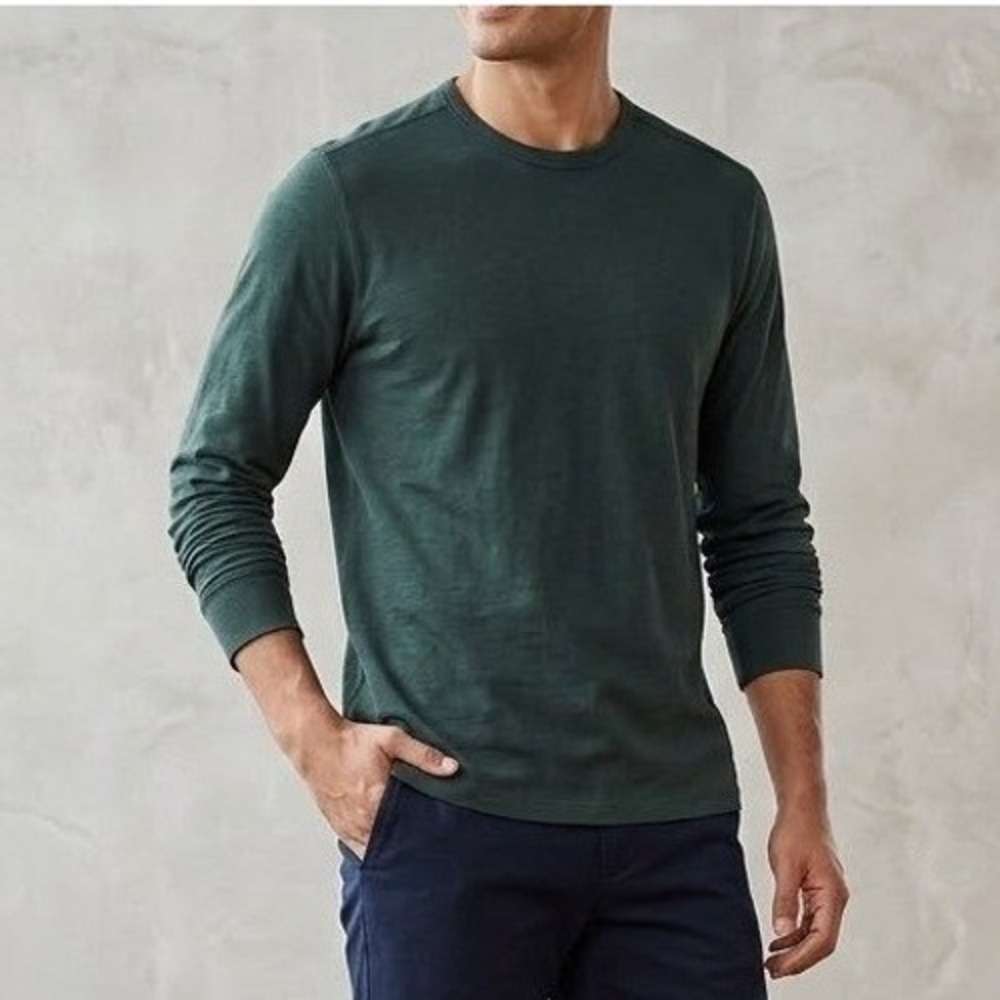 J.Crew Men's Slub Cotton Long Sleeve Crewneck T-Shirt Size L‎ Forest Green B4786